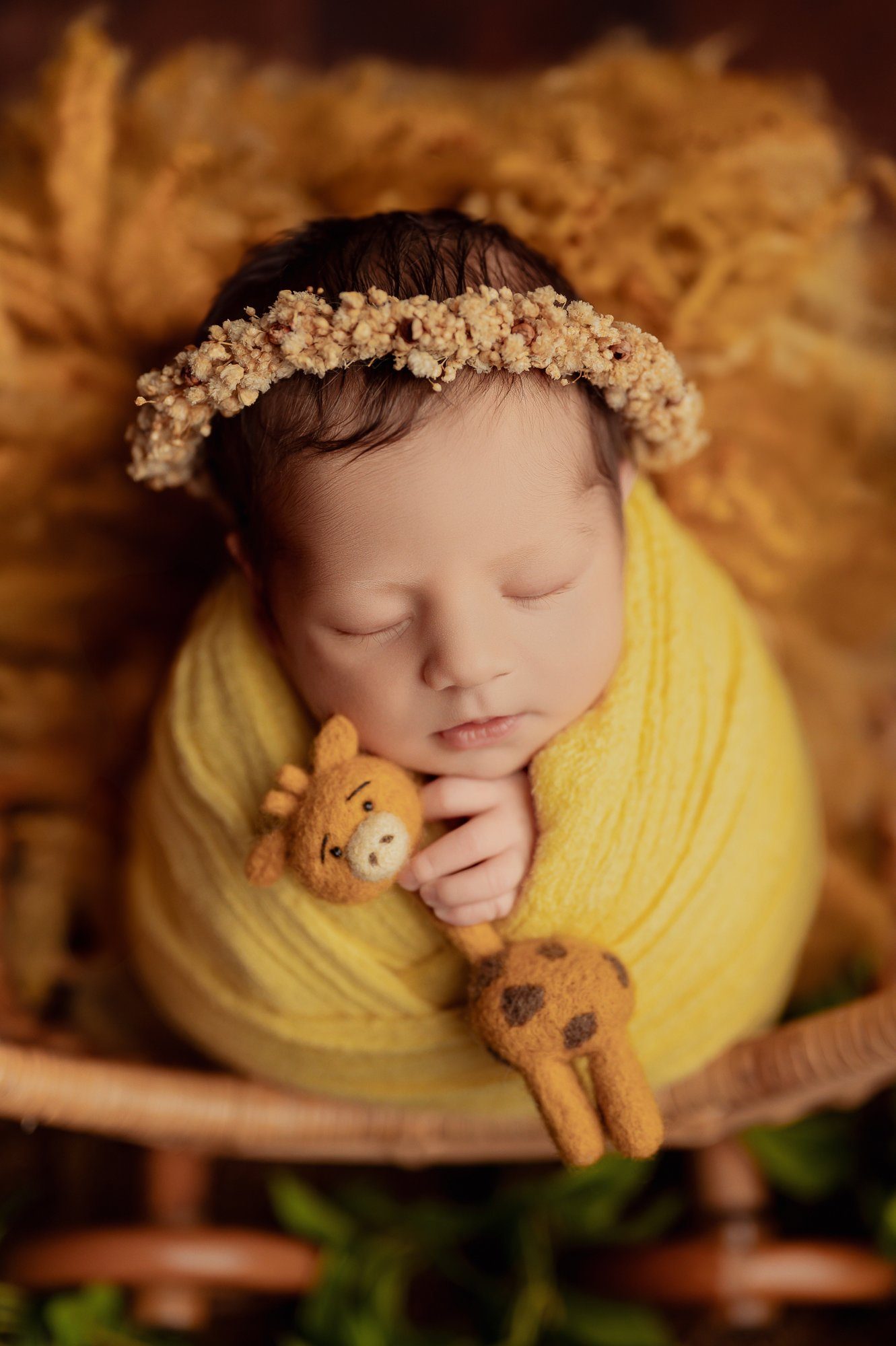Sibling photography of young girl cradling newborn in pink wrap indoors