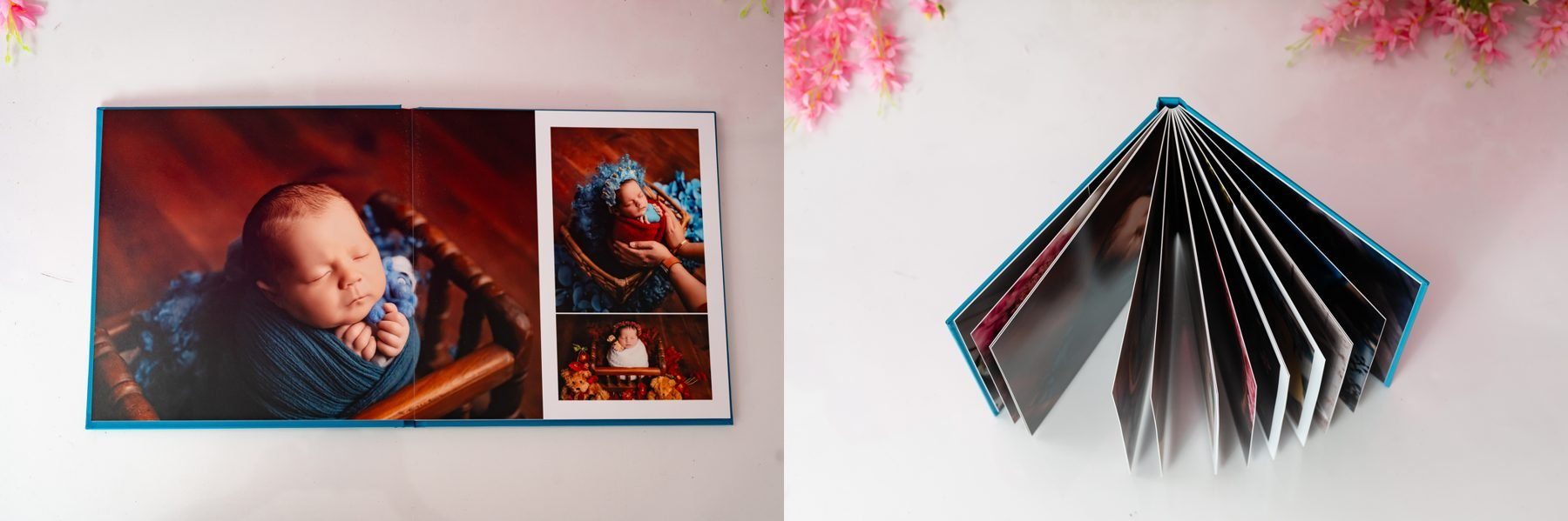 Standard newborn photo album, cover and open spread