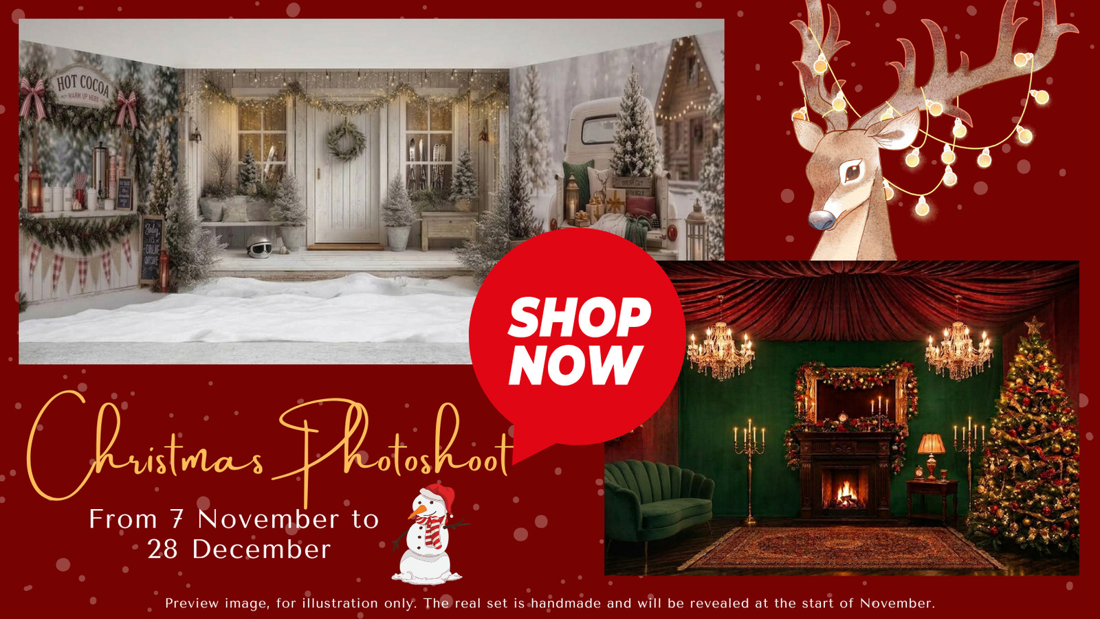 Christmas Photoshoot at Mihai Gonguta Photo Studio showing both Christmas sets, the white cabin porch with the hot cocoa stand and the vintage truck in the snow, and the green room with the fireplace, chandeliers and decorated tree, with sessions from 7 November to 28 December and a Shop Now button