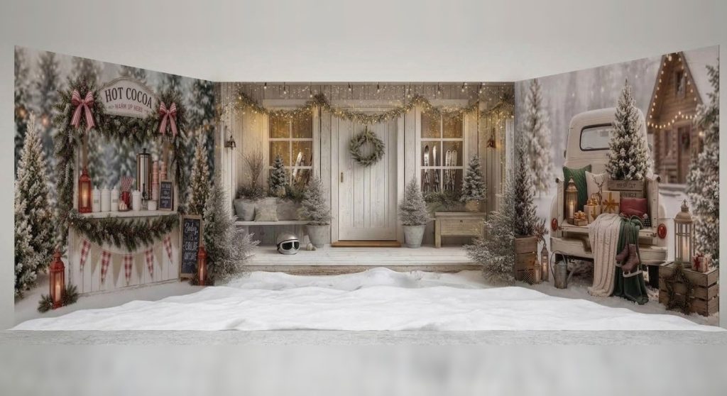 Winter Christmas theme decor: a hot cocoa stand, a white cabin porch with a wreath and fairy lights, and a vintage truck loaded with a frosted tree and gifts, on snow