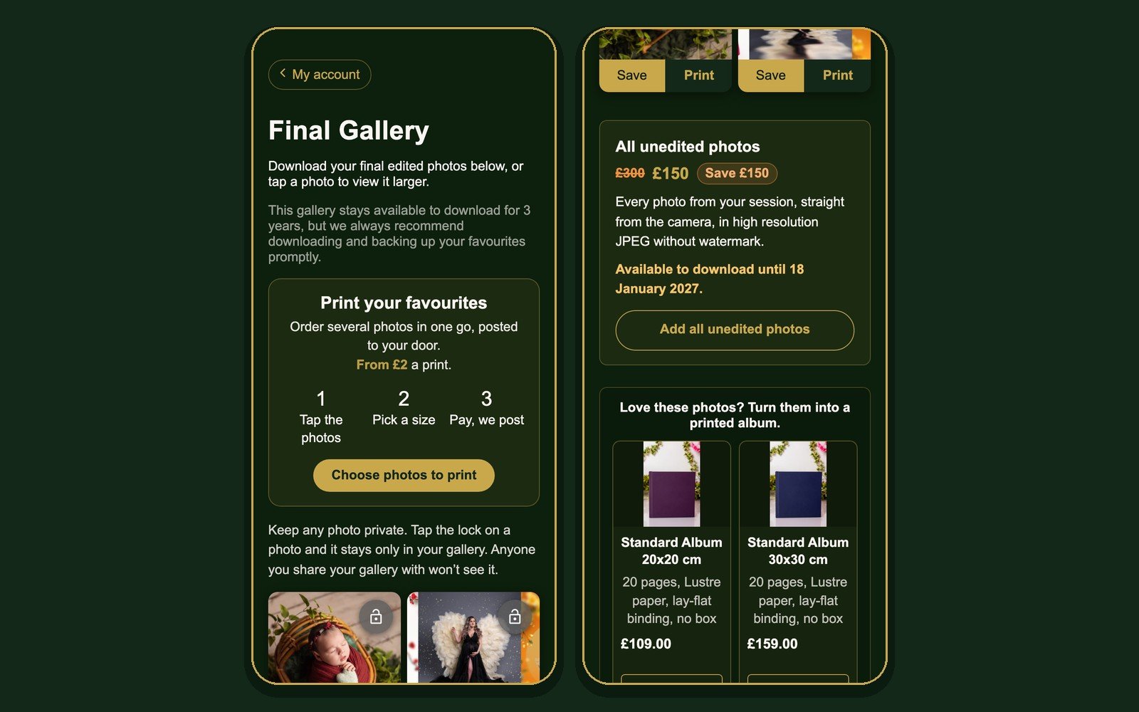 The final gallery with Save and Print buttons, the unedited set and albums