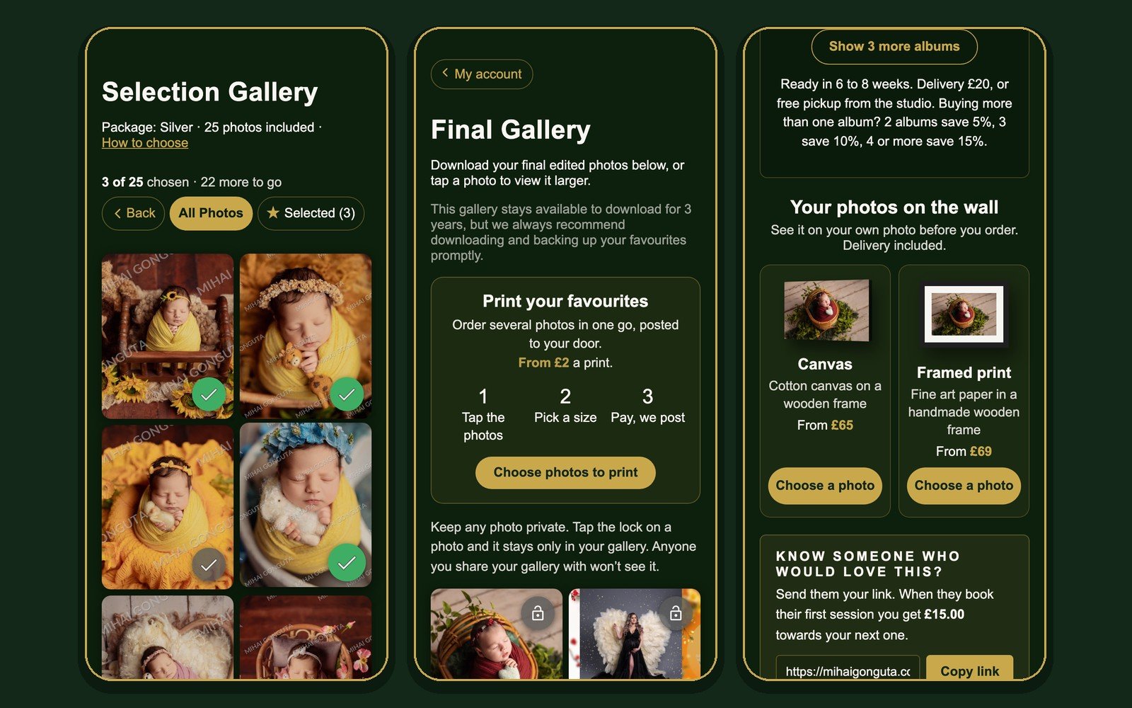 The photo gallery in the Mihai Gonguta Photo Studio app: choosing photos, the final gallery and wall art