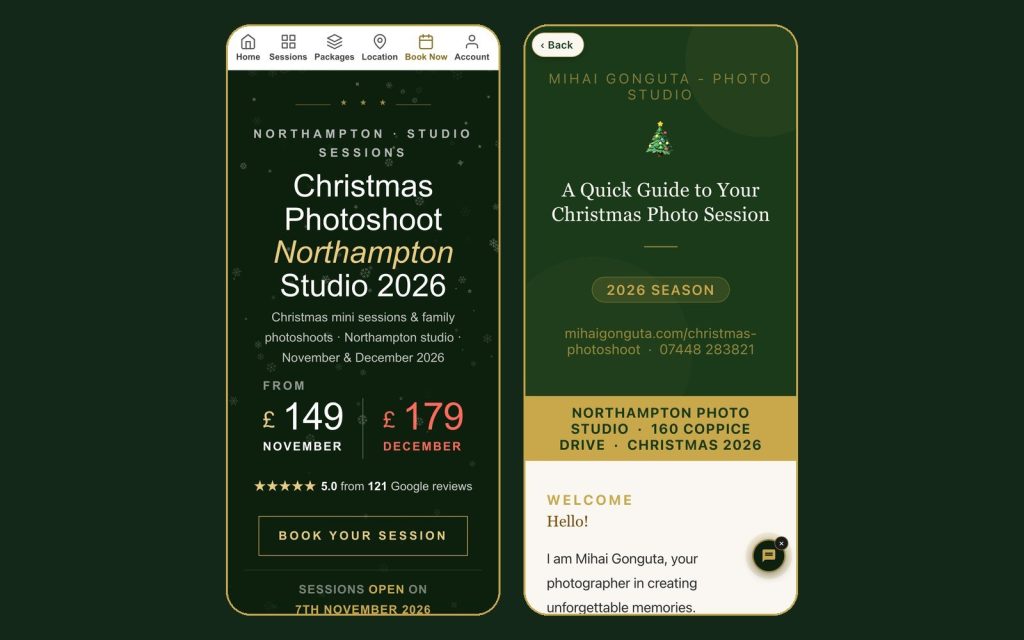 The Christmas photoshoot page and the Christmas session guide in our app